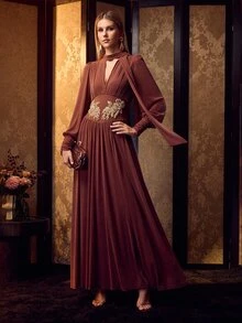 MOTF Soiréza ELEGANT LONG SLEEVE BEADED PLEATED EVENING DRESS - Brown - View 2