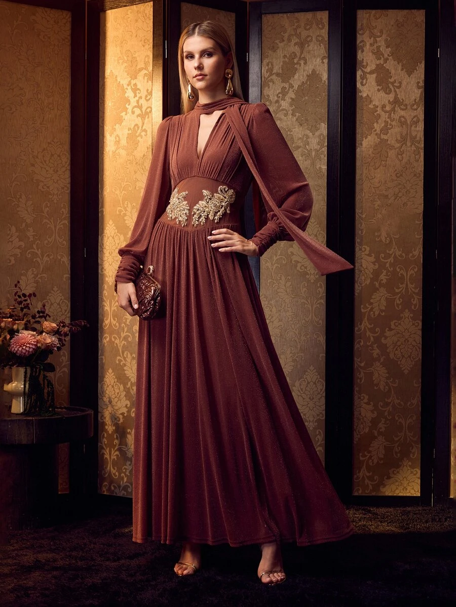 MOTF Soiréza ELEGANT LONG SLEEVE BEADED PLEATED EVENING DRESS