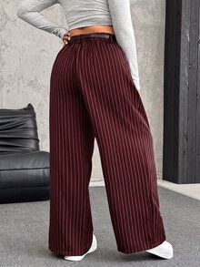 SHEIN EZwear Plus Size Solid Color Button Closure Casual Wide Leg Pants With Belt In Fall/Winter - Burgundy - View 2
