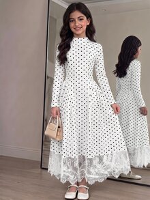 SHEIN 青少年女孩秋冬針織黑色波點印花小立領長袖蕾絲下擺長洋裝，適合休閒度假、返校、派對、日常休閒穿著 - 白色 - 查看 1
