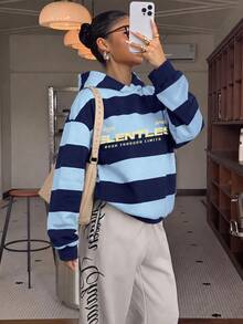 Muchica 休閒學院風淺藍色與海軍藍條紋字母印花女款寬鬆長袖連帽衛衣，適合秋冬，秋冬風格，適合日常通勤、約會、聚會、秋冬、夏季、派對、婚禮、海灘、畢業典禮等場合，優雅休閒，適合外出、Y2K風格、音樂節等場合 - 彩色 - 查看 4