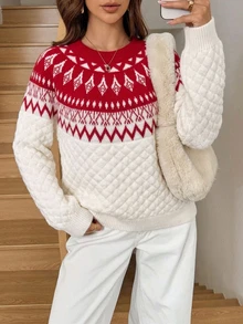 Easowa Women's Textured Holiday Jacquard Long Sleeve Sweater For Vacation - Red and White - View 1