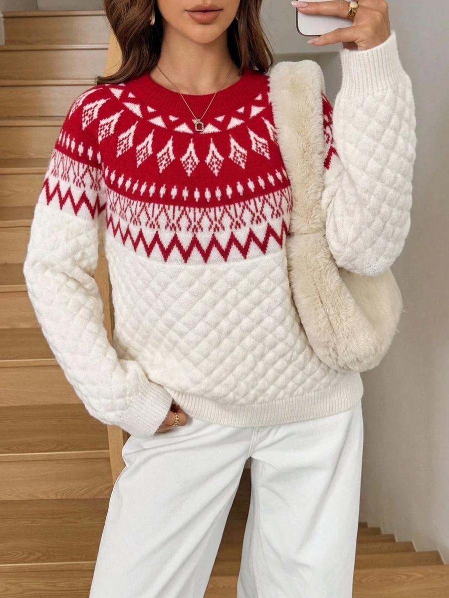 Easowa Women's Textured Holiday Jacquard Long Sleeve Sweater For Vacation - Red and White - View 1