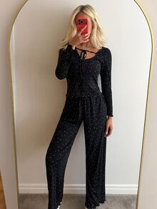 Livesso Women's Ditsy Floral Front Tie Long Sleeve Top And Long Pants Pajama Set - Black - View 1