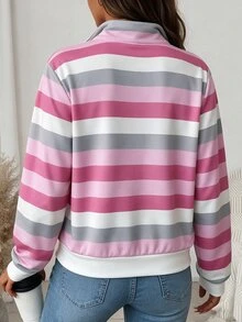 SHEIN LUNE 休閒條紋圖案印花經典半拉鍊大尺碼女款運動衫，適合秋冬/聖誕節 - 白色 - 查看 2