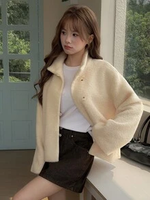 K-Vae Women's Autumn/Winter Lamb Wool Single-Breasted Coat, Beige - Apricot - View 6