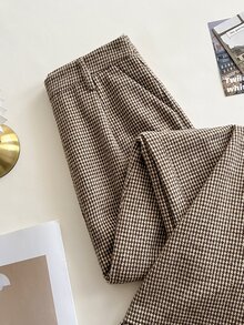 SHEIN EZwear Women's Autumn/Winter Retro Houndstooth Fabric Casual Wide Leg Pants With Frill Trim, Suitable For Commuting, Daily Wear, Shopping, Dating - Coffee Brown - View 4