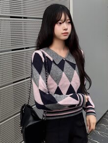 FRIFUL Women's Diamond Pattern Casual Preppy Daily Long Sleeve Sweater Brunch Grey Fall Winter - Grey - View 4