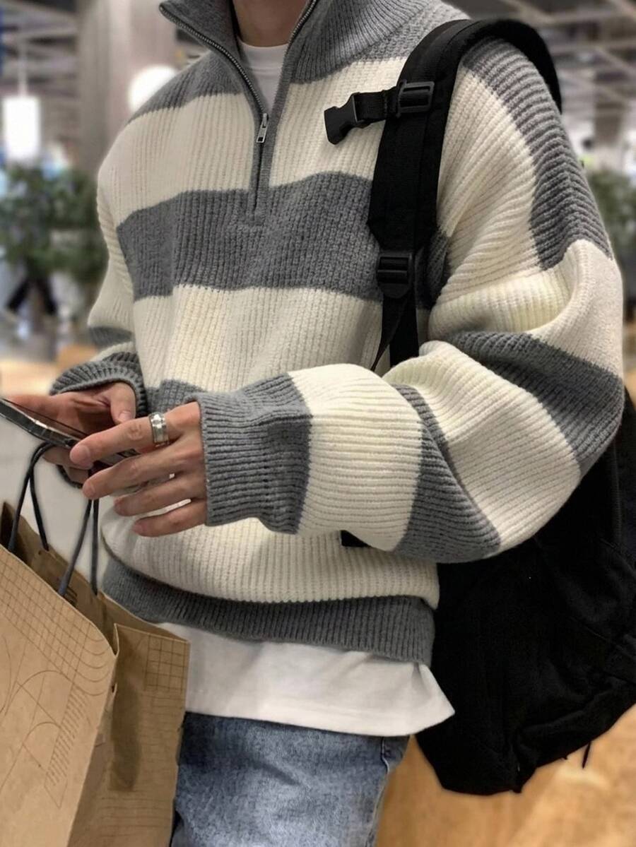 Manfinity CasualKnits Men's Autumn/Winter Knitted Sweater, Half-Open Chest, Turn-Down Collar, Raglan Long Sleeve Pullover, Button-Up, Horizontal Striped Color Block - Grey - View 1