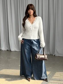 GalTyme Plus Size Women's Lace Patchwork Casual Daily Long Sleeve Sweater - Beige - View 6