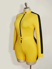 SHEIN ICON Plus Size Women's Zipper Front Long Sleeve Y2K Yellow & Black Contrast Color Romper, Halloween - Yellow - View 5