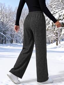 SHEIN EZwear 女款休閒寬鬆前綁帶抓絨人造毛針織運動長褲，適合日常穿著與返校季，秋冬女款運動長褲 - 黑色 - 查看 2