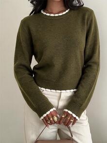 SHEIN BASICS Women Sweaters Office Brunch Olive Green Autumn French - Green - View 6