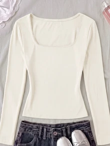 SHEIN 青少年女孩 T-Shirt，領口彈性修身款－百搭極簡長袖 T-Shirt，舒適穿著 - 杏色 - 查看 3
