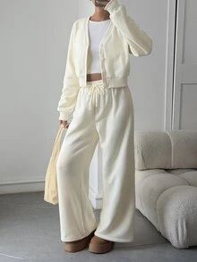Livesso Women's Autumn/Winter Casual Daily Commute Minimalist Solid Color Single-Breasted Open Front Jacket And Drawstring Waist Thermal Lined Warm Pants 2 Pieces Set - Beige - View 8