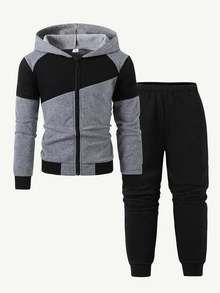 SHEIN 男童休閒保暖內裡拉鍊連帽外套與運動長褲兩件套，適合日常穿著、通勤、運動、上學及其他場合 - 灰色 - 查看 4