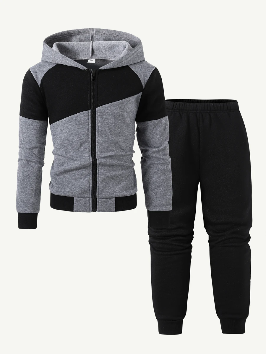 SHEIN Boys' Casual Thermal Lined Zip-Up Hoodie Jacket And Sweatpants 2 Pieces Set, Suitable For Daily Wear, Commuting, Sports, School And Other Occasions - Grey - View 1