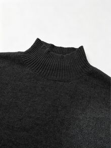 SHEIN 秋季極簡風小高領針織套頭衫 女款落肩七分袖短版寬鬆毛衣 - 黑色 - 查看 6