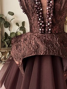Lovelzi Elegant Romantic Gold & Silver Metallic Jacquard Satin Patchwork Tulle Circle Skirt With Luxurious Handmade Pearl Decor Short Hem, Suitable For Pre-Wedding Party, Wedding And Graduation Prom - Khaki - View 3
