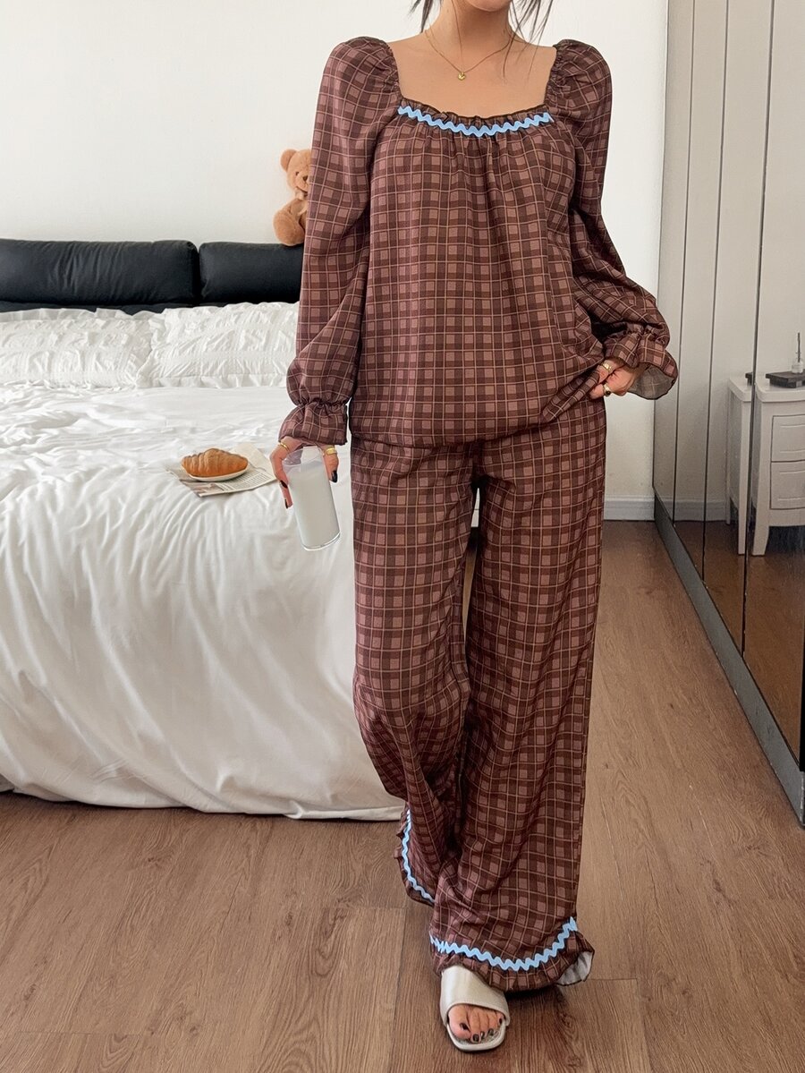 Napfluff Women's Vintage Square Neck Plaid Contrast Color Ruffle Trim Pajama Set - Brown - View 1