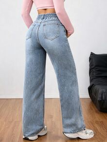 Rivivi Plus Size Women's Outdoor Street Fashion Loose Versatile Blue Denim Wide Leg Pants - Medium Wash - View 2