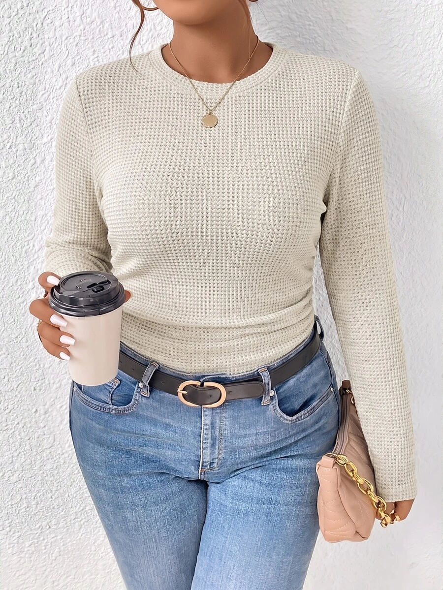 SHEIN Frenchy Plus Size Women's Solid Color Round Neck Long Sleeve Ruched Casual T-Shirt - Multicolor - View 1