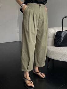 DAZY 女款商務休閒鈕扣百褶長褲 - 綠色 - 查看 7