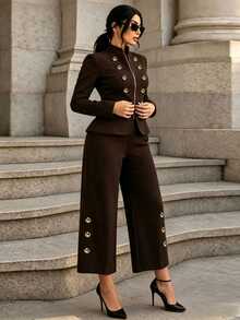 Velvienne Vintage Royal Style Coffee Brown Stand Collar Gold Button Blazer Set For Women, Waist-Cinching Zipper Jacket With Side Metal Buckle Wide Leg Pants, 2 Pieces Set, Plus Size - Brown - View 3