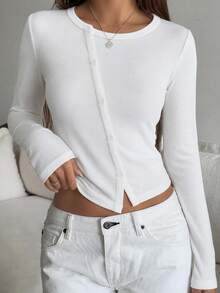Livesso Autumn White Crew Neck Long Sleeve Solid Color Loose Casual Drop Shoulder All-Match Versatile Women's T-Shirt - White - View 2