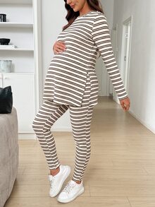 SHEIN 孕婦條紋圖案圓領上衣與長褲時尚休閒兩件套 - 咖啡棕 - 查看 5