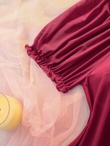 DelicateAllure Women's Solid Color Round Neck Lace Patchwork Fashionable Home Sleep Dress - Burgundy - View 3