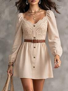 Cévolie Women's Solid Color Button Decor Lace Patchwork Long Sleeve Simple Versatile Dress - Apricot - View 5