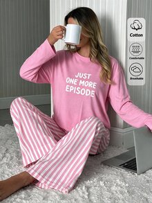 SHEIN Women's ''JUST ONE MORE EPISODE'' Printed Shirt And Striped Wide Leg Pants Pajama Set, Cute, P - Pink - View 1