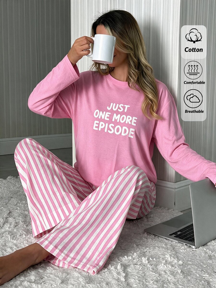 SHEIN Women's ''JUST ONE MORE EPISODE'' Printed Shirt And Striped Wide Leg Pants Pajama Set, Cute, P - Pink - View 1
