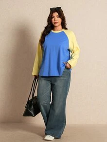 Elaquor Plus Size Women's Colorblock Round Neck Raglan Sleeve Casual T-Shirt - Blue - View 3