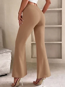 SHEIN PETITE 純色喇叭褲腿春季黑色長褲 - 駝色 - 查看 2