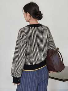 Dazy-Less Women's Colorblock Striped Casual Everyday Long Sleeve Sweater - Black and White - View 2