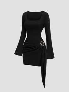 Sweetra Autumn/Winter New Arrival Knitted Textured Solid Color Vintage Square Neck Slim Fit Flattering Metal Button Dress - Black - View 4