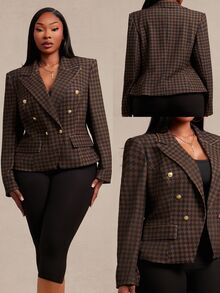 SHEIN SXY Plus Size Women's Brown & Black Plaid Padded Shoulder Cinched Waist Blazer - Chocolate Brown - View 2