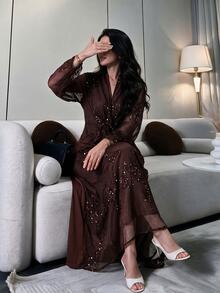 Modelyn Women's Luxury Sequin Front Knot Ruched Long Sleeve Dress - Coffee - View 3