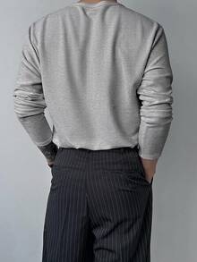 DAZY Herr T-shirt med blommor, grå, lång ärm, rund hals och halvknäppning för vår/höst - Grå - Visa 2