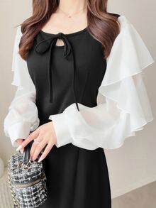 FRIFUL Women's Colorblock Patchwork Ruffle Long Sleeve Front Tie Elegant Dress - Black - View 2