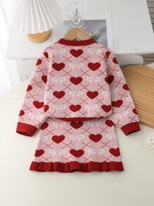 Young Girl' Sweater Set, Stylish Heart‑Patterned Cardigan Top With Skirt - Pink - View 2