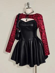 SHEIN ICON Plus Size Y2K Red Leopard Print Sleeveless Ultra Cropped Long Sleeve Top - Red - View 4