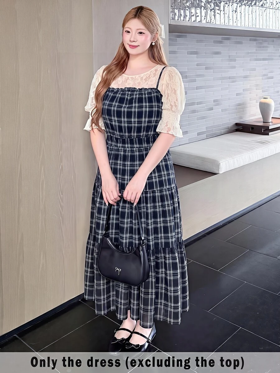 Bijouette Plus Size Plaid Pleated Dress, Japanese Gentle Style, Suitable For Commuting And Dating - Blue - View 1