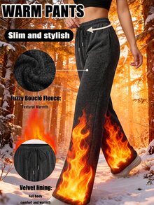 SHEIN EZwear 女款休閒寬鬆前綁帶抓絨人造毛針織運動長褲，適合日常穿著與返校季，秋冬女款運動長褲 - 黑色 - 查看 7
