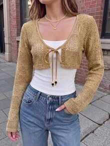 Cévolie Women's Bohemian Style Hollow Out Vintage Vacation Daily Commute Lace-Up Wooden Bead Small Jacket - Apricot - View 1