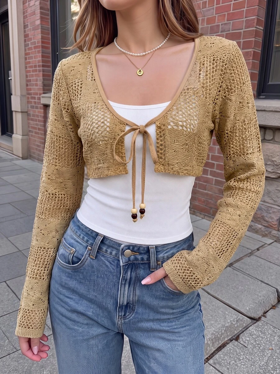 Cévolie Women's Bohemian Style Hollow Out Vintage Vacation Daily Commute Lace-Up Wooden Bead Small Jacket - Apricot - View 1