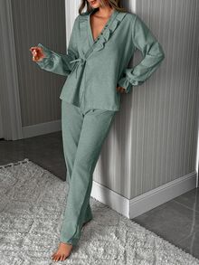 SHEIN Long Sleeve Embroidery On The Collar And Front Tie Detailed Casual Dusty Pink Lounge Set - Mint Green - View 7