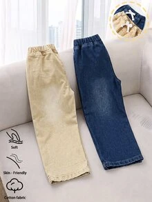 SHEIN Young Boy 2 Packs AllSeason Washed Denim Decorative Drawstring Pants Autumn Winter Holiday Outdoor Casual Kids Trousers - Multicolor - View 2